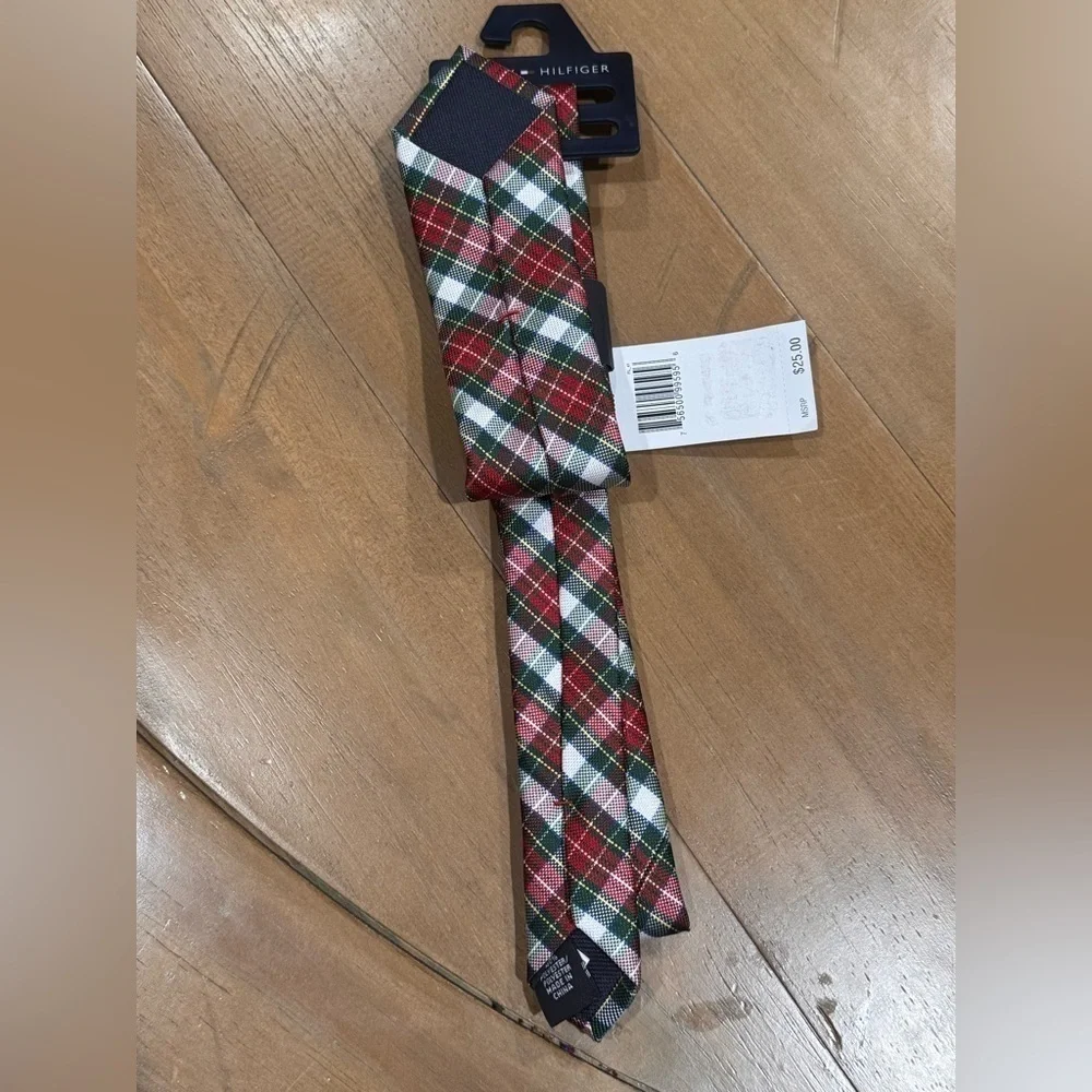 Tommy Hilfiger Holiday Tartan Tie Boys Red Multi Bar Tack Keeper Loop